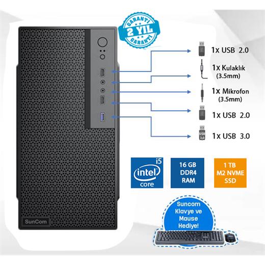Suncom Force Sc3-162 İ5-8500 16Gb 1Tb Ssd O/B Dos Masaüstü Pc Wi-Fi